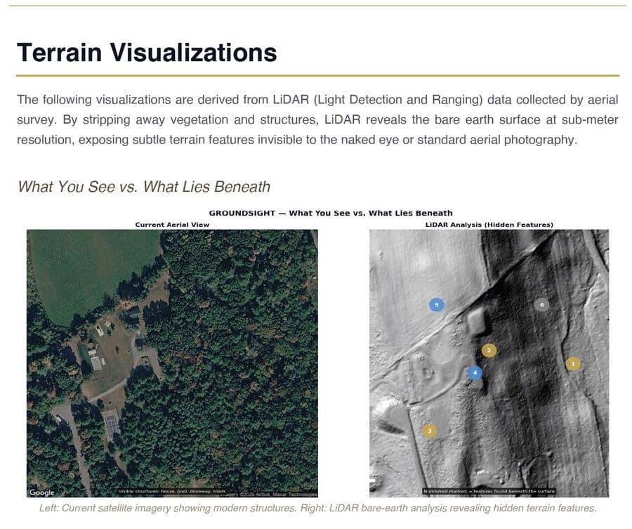 Satellite view vs LiDAR bare-earth analysis showing 6 hidden archaeological features